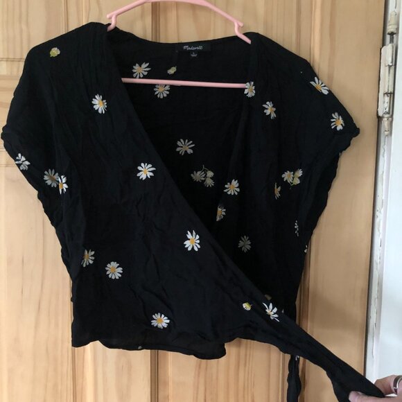 Madewell Short Sleeve Floral Cropped Wrap Blouse - Black w/ Daisies, Sz L - Picture 9 of 13